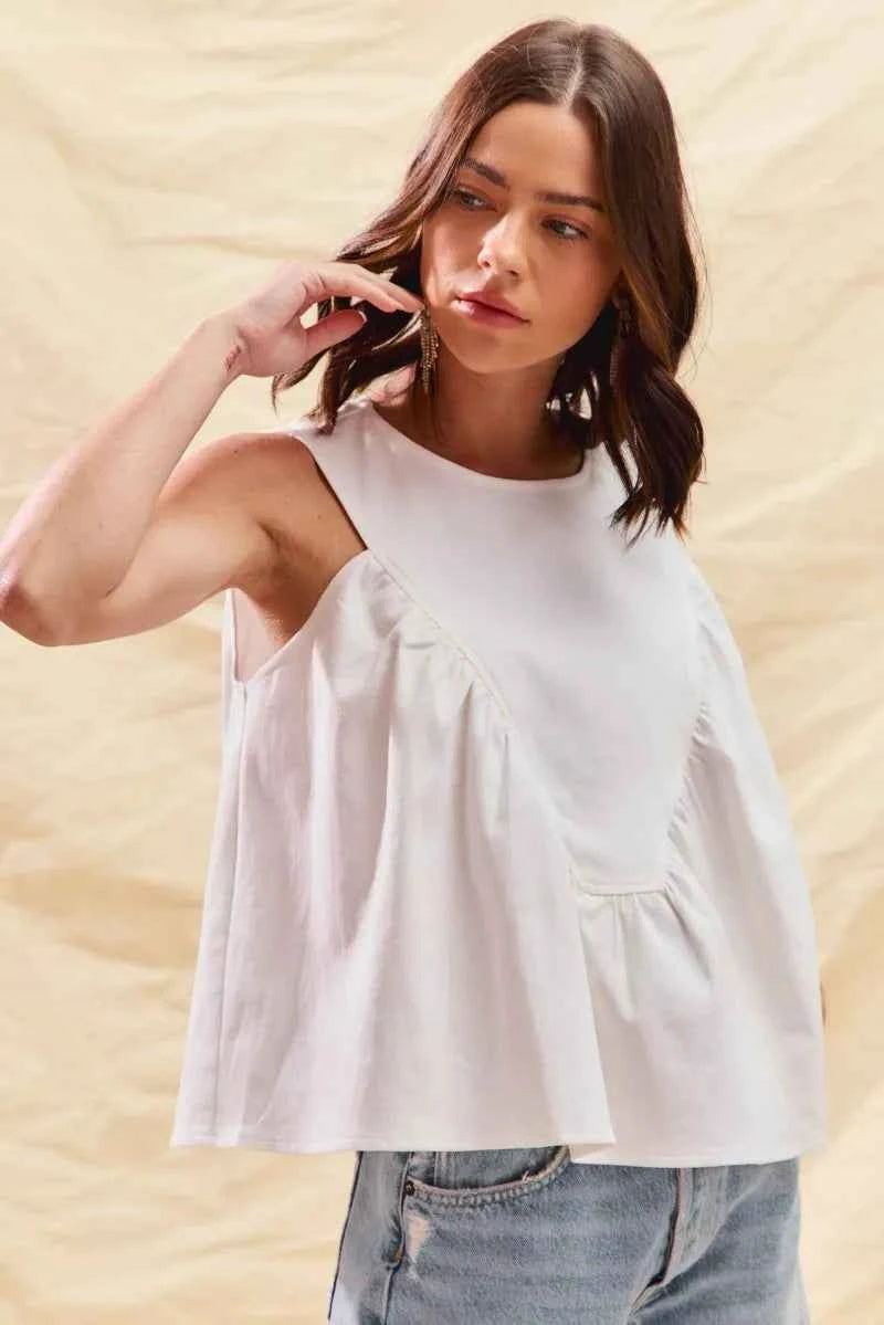 SO ME Game Day Color Denim Ruched Sleeveless Top bbf8bf22c9dc475fbc76e0a1a14469aa-Max-Origin