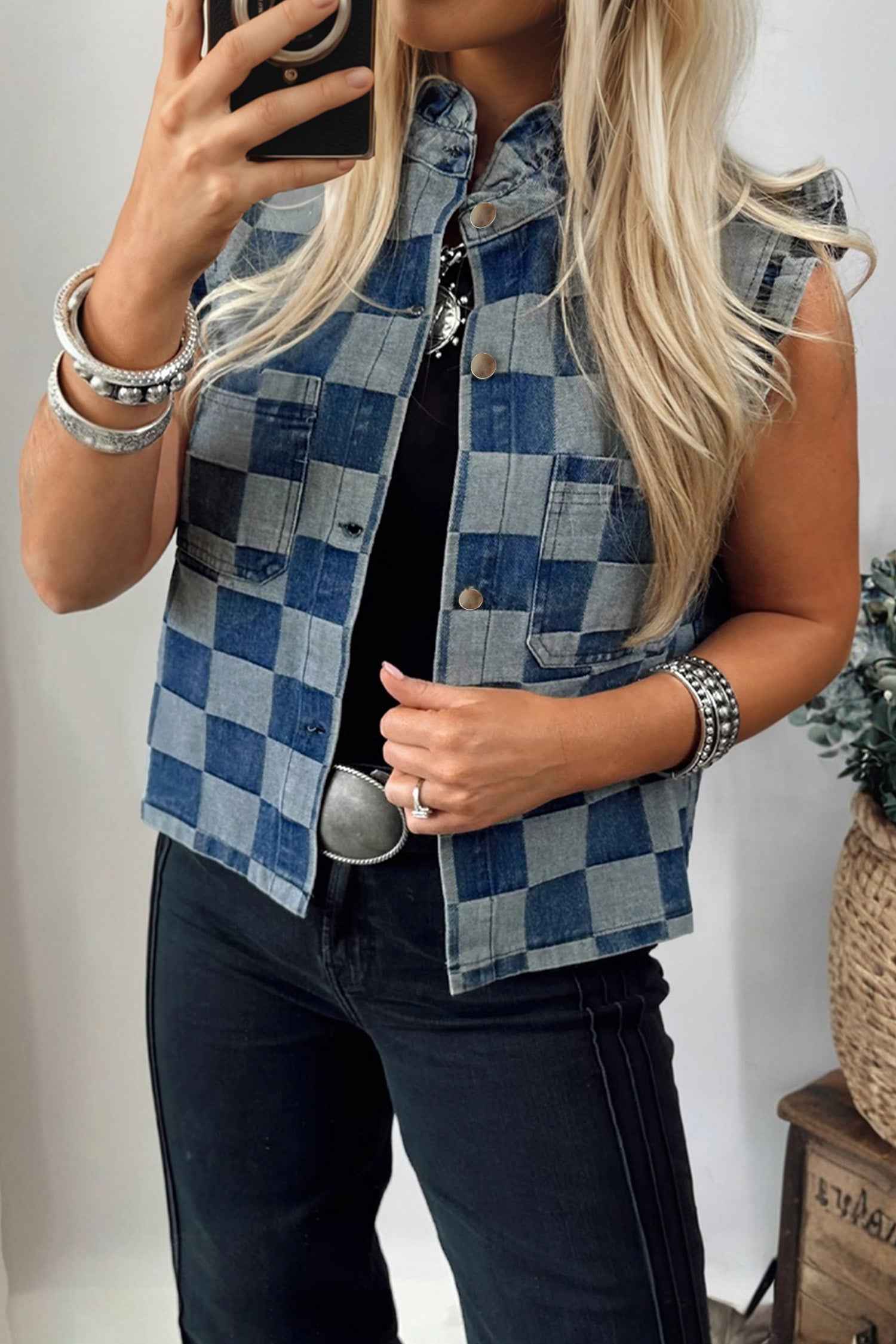 Beau Blue Checkered Ruffle Trim Button Down Denim Vest Beau Blue 56%Cotton+44%Polyester bbf8cc2f26afc9a8