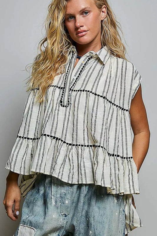 Striped Ruffle Collared Sleeveless Cotton Top GREY MULTI bbfba681-7a65-45e4-b4d8-b56e872e55cb-Max-Origin