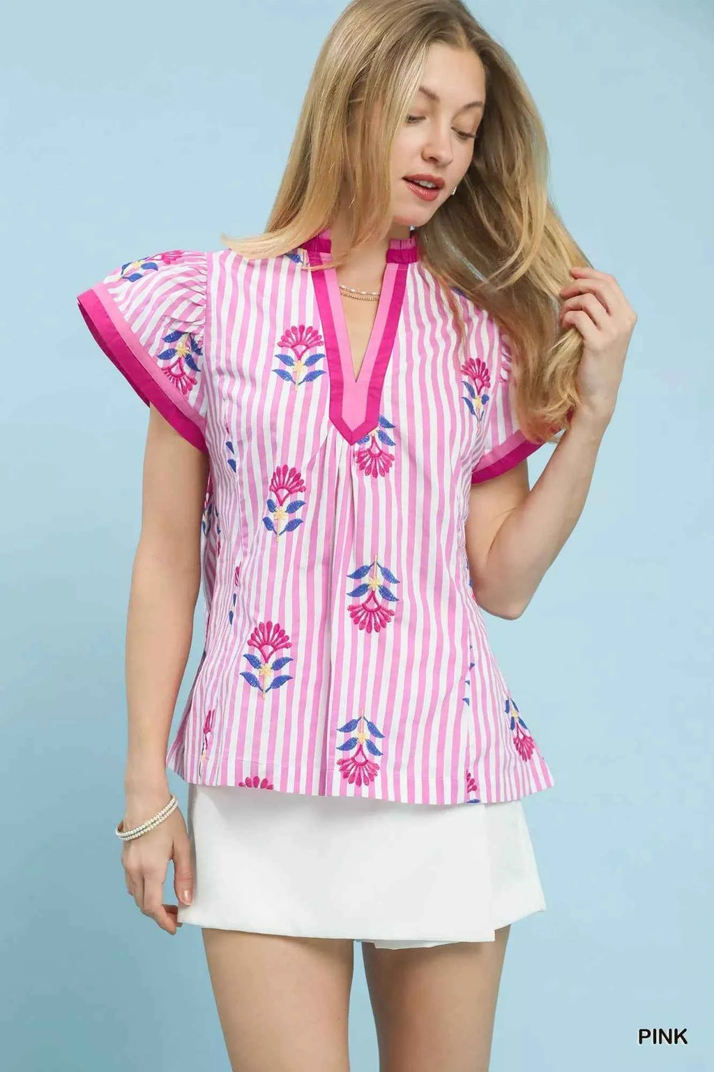 Umgee Embroidered Striped Flutter Sleeve Top PINK bbfcc9f9-248e-4e4e-b73d-7f23a6418223-Max-Origin