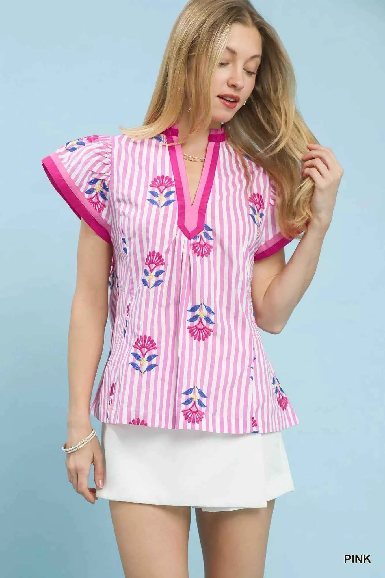 Umgee Embroidered Striped Flutter Sleeve Top PINK bbfcc9f9-248e-4e4e-b73d-7f23a6418223-Max-Origin