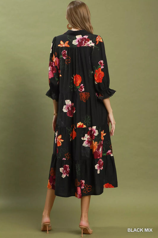 Floral Print Tiered Midi Dress with Puff Sleeves bbfe3802-1144-49ae-9da3-e7eeac43f2cd-Max-Origin
