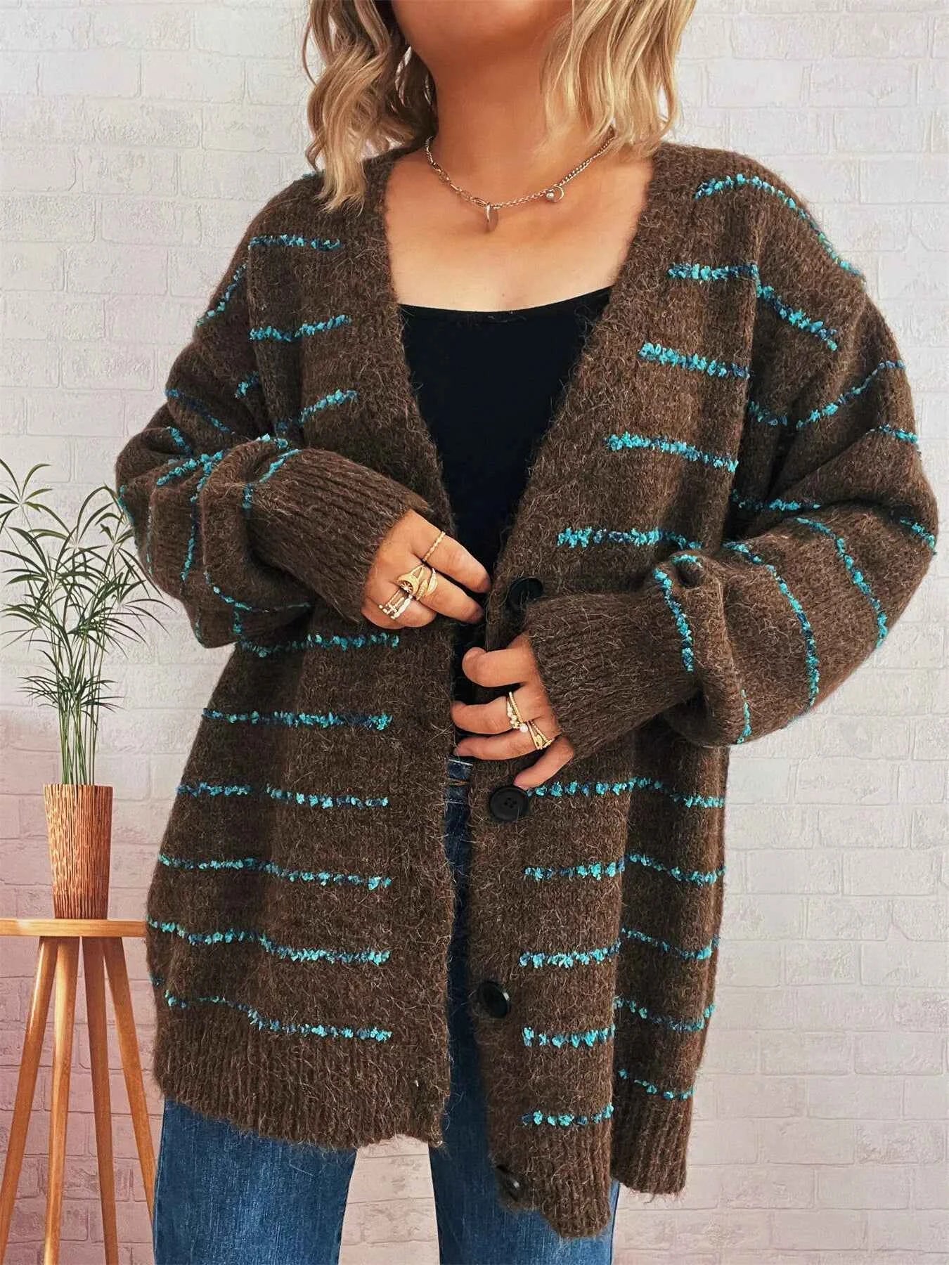 Striped Button-Up Cardigan with V-Neck Design Gray One Size bbff66deb8584ce386968d8efc50d442-Max-Origin