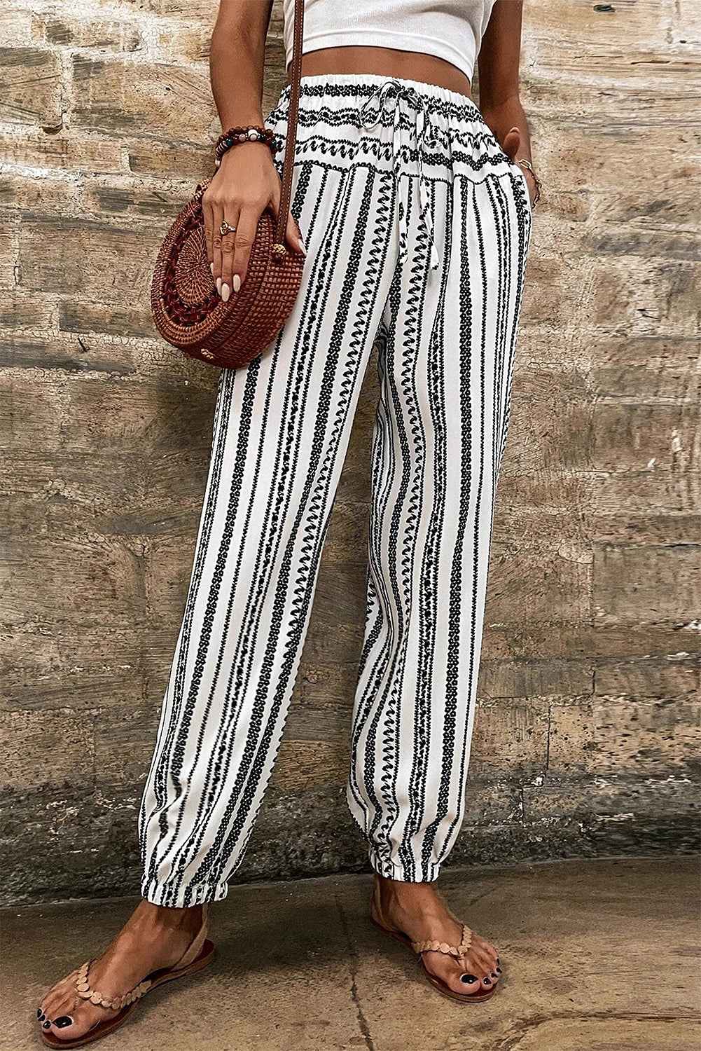 Black Stripe Geometric Print Drawstring Cuff Pants Black Stripe bc020ba0fcdfe9bd