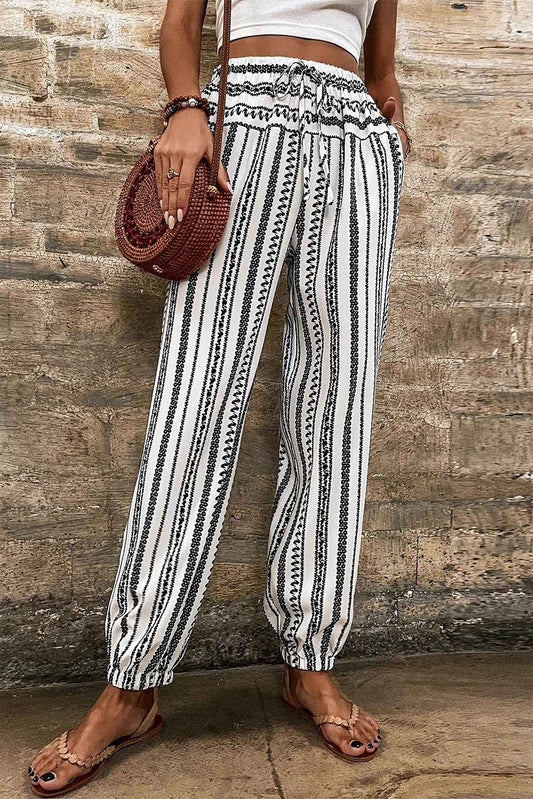 Black Stripe Geometric Print Drawstring Cuff Pants Black Stripe bc020ba0fcdfe9bd