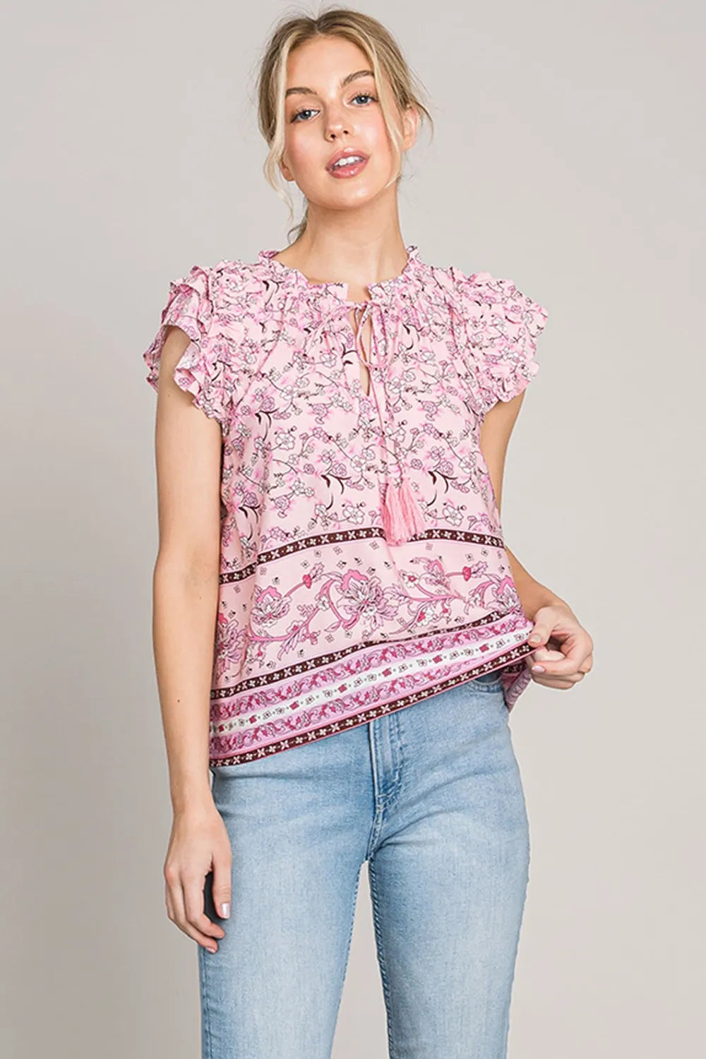 Cotton Bleu by Nu Lab Print Ruffle Sleeve Detail Blouse Pink bc04f945-2ae4-4b2d-9f92-f0f2b9fca6b1-Max