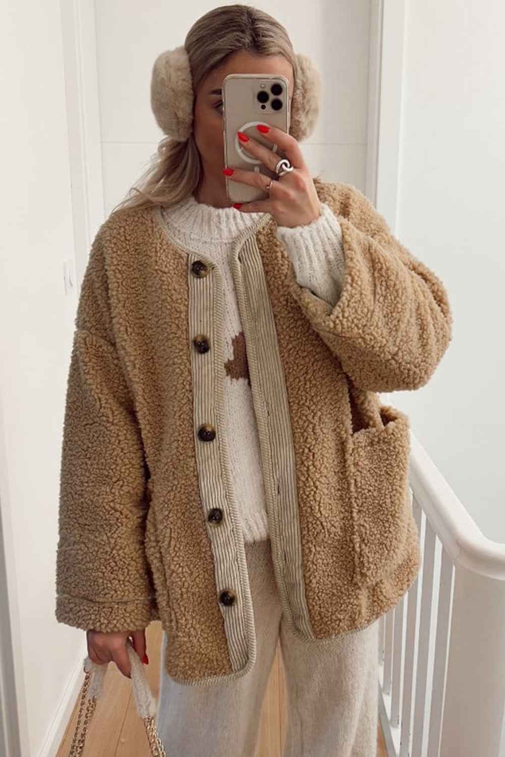 Light French Beige Puffy Plush Corduroy Edge Patchwork Jacket with Big Pockets bc077ba80cce7102