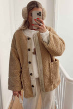 Light French Beige Puffy Plush Corduroy Edge Patchwork Jacket with Big Pockets bc077ba80cce7102