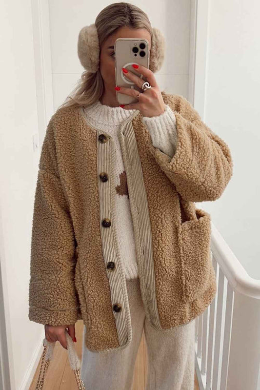 Light French Beige Puffy Plush Corduroy Edge Patchwork Jacket with Big Pockets bc077ba80cce7102