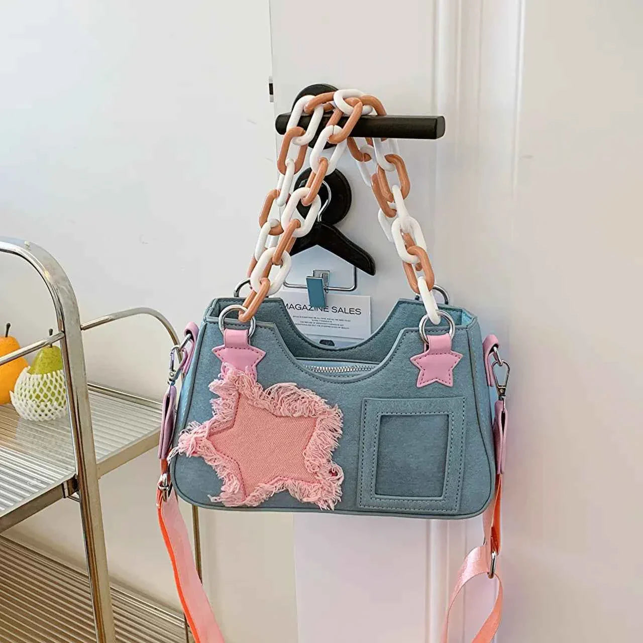 Star Patch Shoulder Bag with Chunky Chain Light Blue onesize bc099d986850498dbe174e9349667b57-Max-Origin