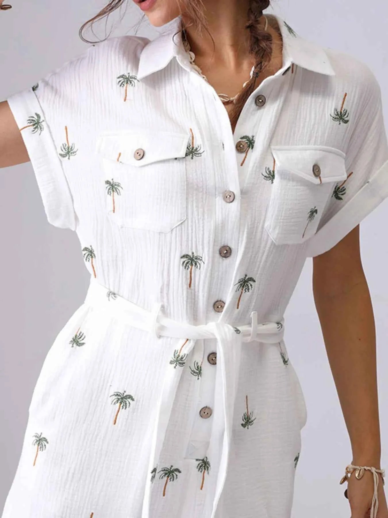 Palm Tree Print Short Sleeve Button-Up Romper with Belt bc0b084c-d94c-414d-8e3e-2e3973ab5873-Max-Origin