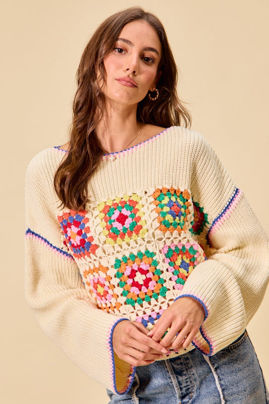 Multi Color Granny Crochet Lace Sweater Top bc11c5769384488395ec5863358edbcd-Max