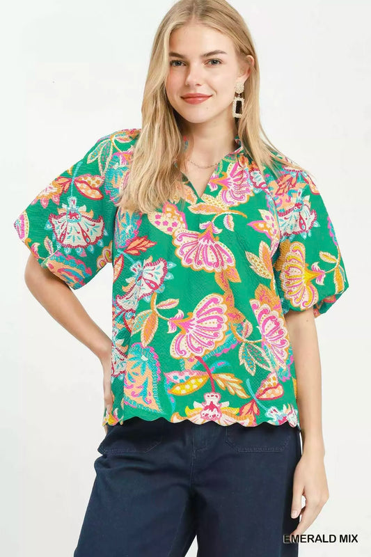 Mix Floral Print Scallop Hem Blouse EMERALD MIX bc1886d5-0cf4-4095-9db1-6149b146a0f6-Max-Origin