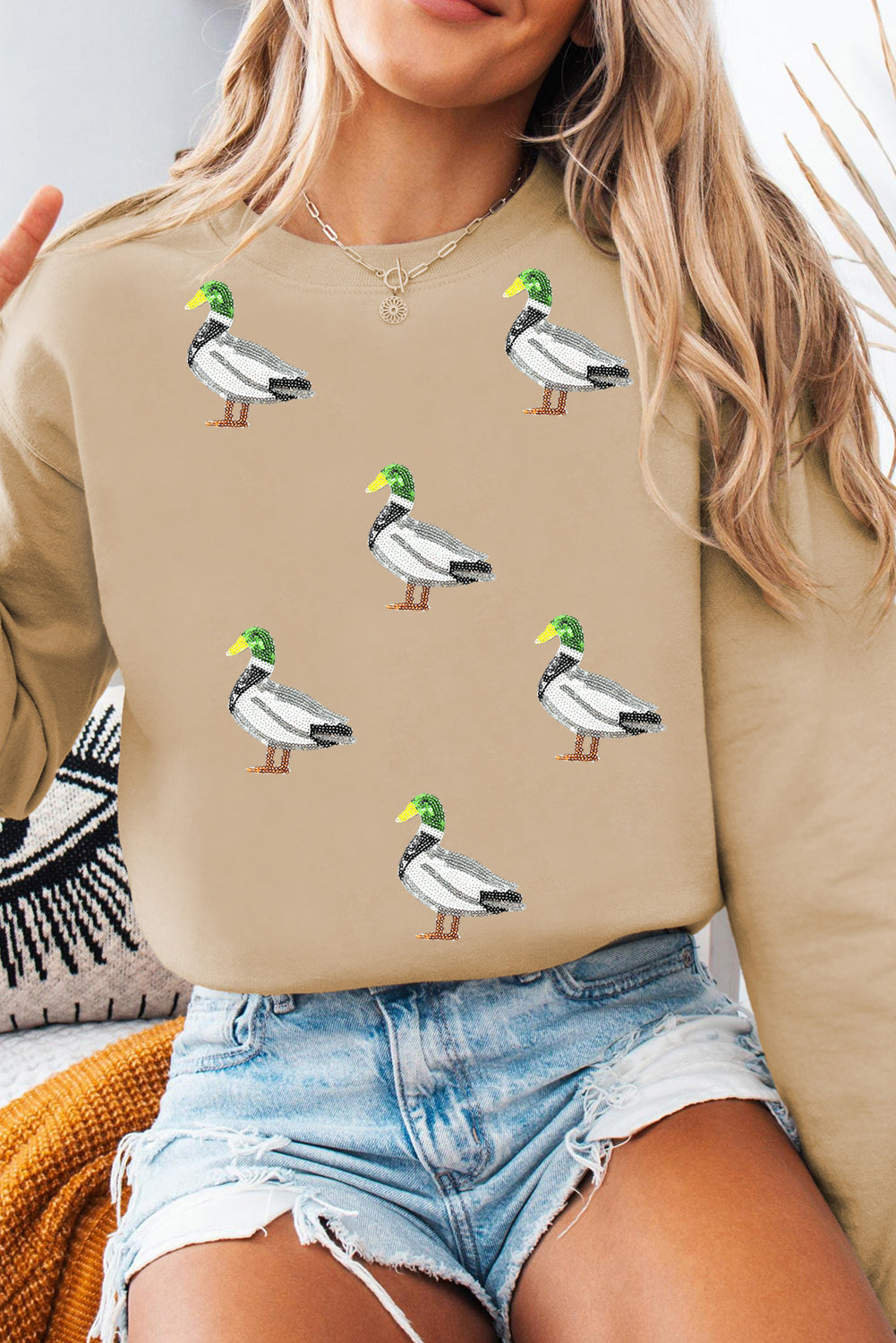 Khaki Sequin Mallard Duck Graphic Sequins Patch Baggy Sweatshirt bc199c0c5c9c3ab5