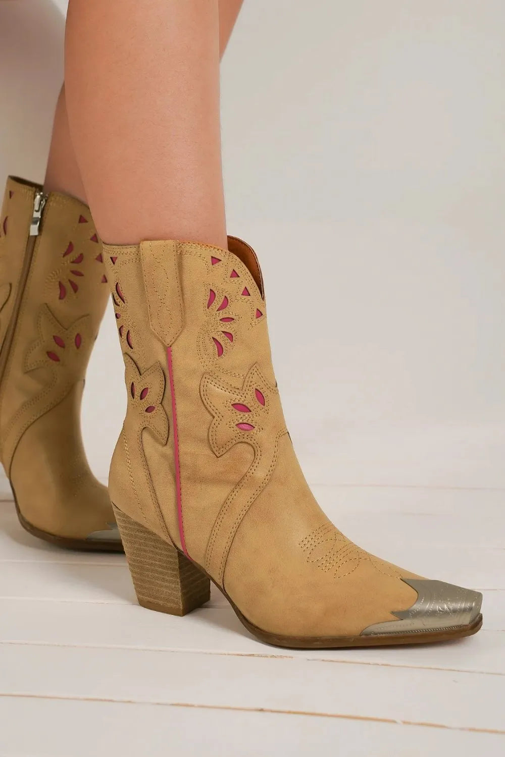 Beast Fashion Cut-Out Floral Embroidery Boots Camel bc1aa071-fb3e-4c1a-9363-8cc094b04c19-Max