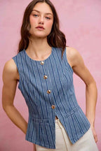 SO ME Stripe Slim Fit Button Front Denim Vest Top bc20078de4094669ba90fd5723a827fb-Max-Origin