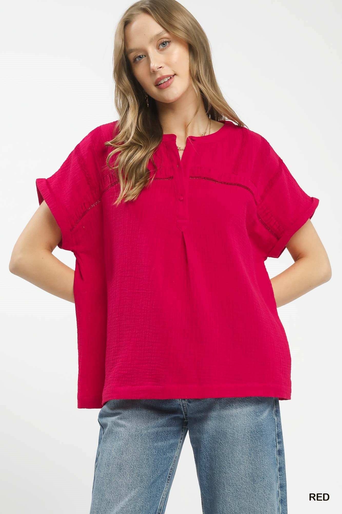 Umgee Textured Gauze Split-Neck Boho Blouse Red bc2188ab-061d-48b7-bcfa-62e5a85dd617-Max