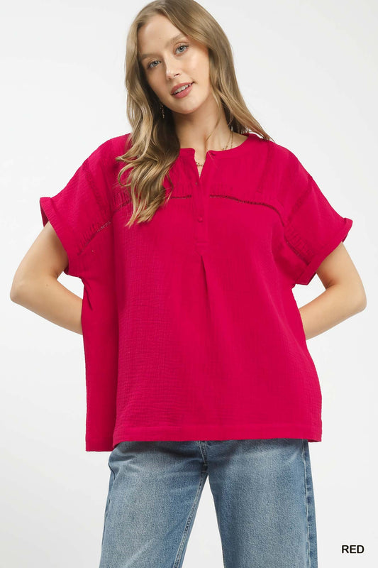 Umgee Textured Gauze Split-Neck Boho Blouse Red bc2188ab-061d-48b7-bcfa-62e5a85dd617-Max