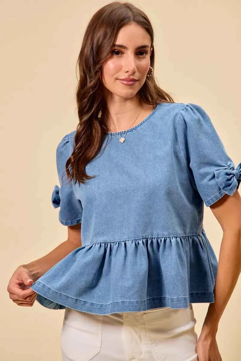 SO ME Denim Bow Detail Short Sleeves Peplum Top bc227b5accb748e39a5fd6dd52a6d399-Max-Origin