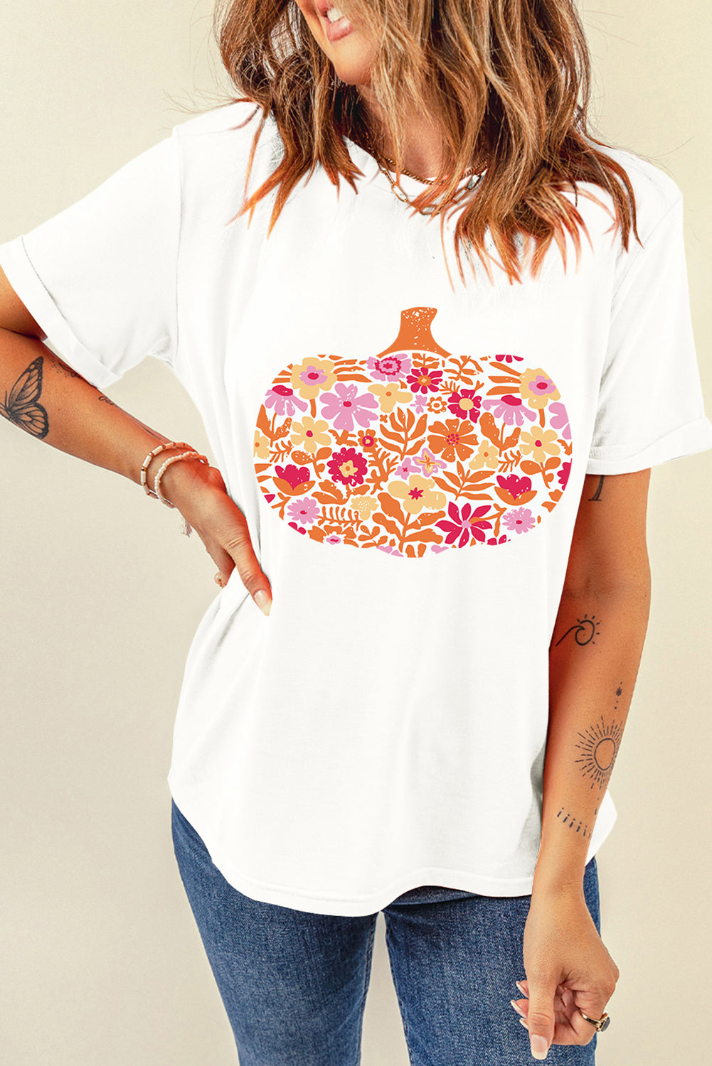 White Floral Pumpkin Heat Transfer Printing Graphic Tee bc23b66b2478105d