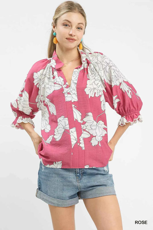 Umgee Peony Illustration Print Flounce Sleeve Blouse ROSE bc276848-05d7-48bc-bd56-e7c61750657d-Max-Origin