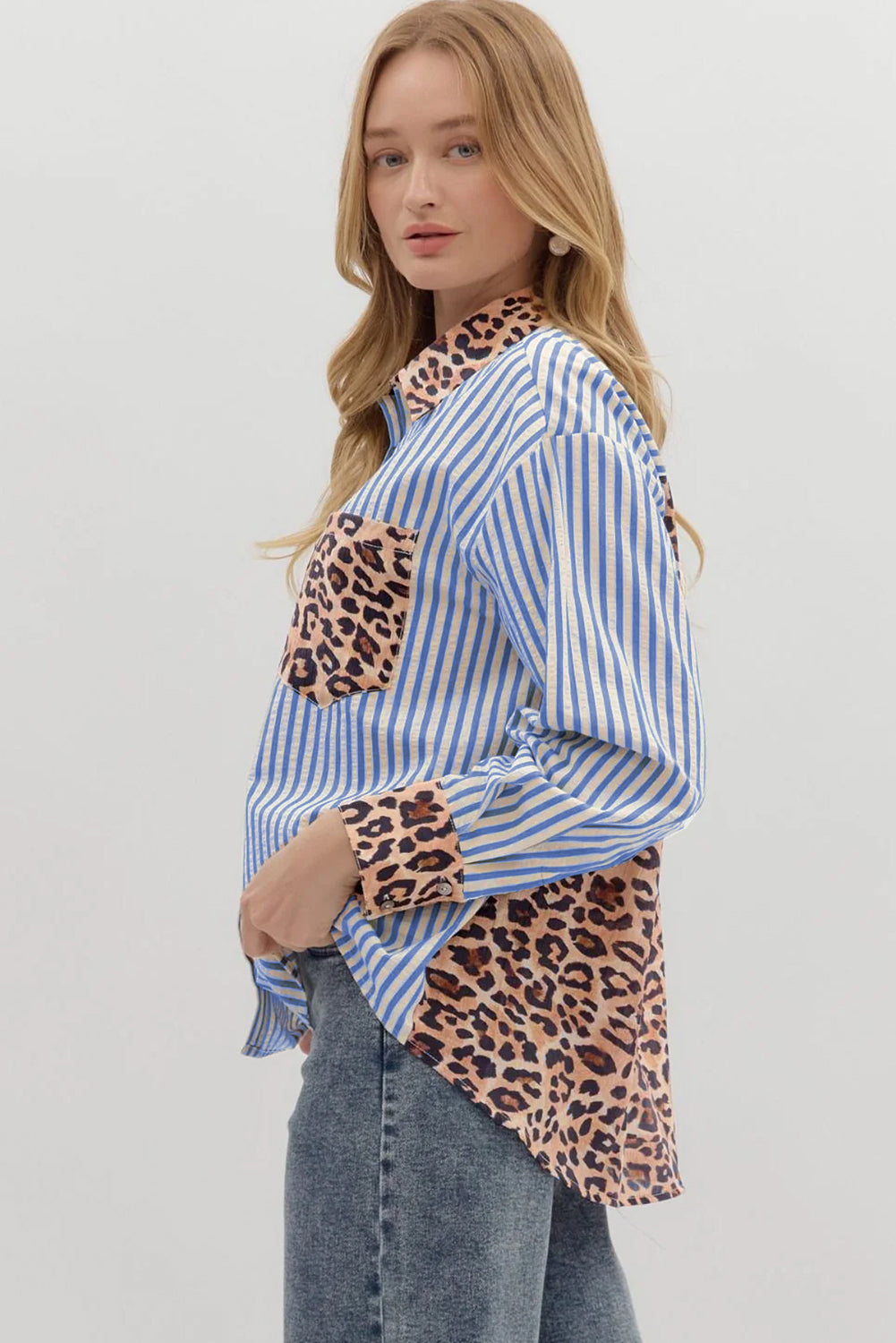Sky Blue Leopard and Striped Patchwork Button Shirt bc2d300c633eb80d