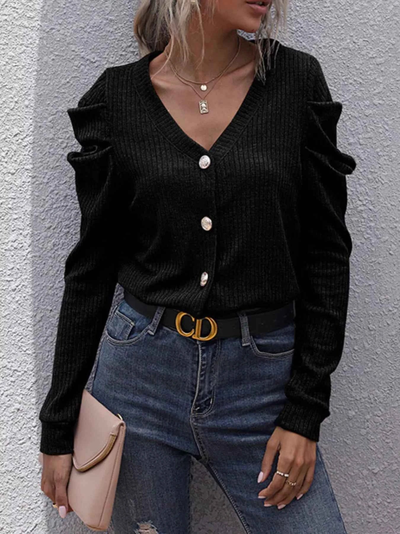 Ribbed V-Neck Button-Up Cardigan Black bc3085d7-9e50-48d6-973f-2bdfbd1f56b1-Max-Origin