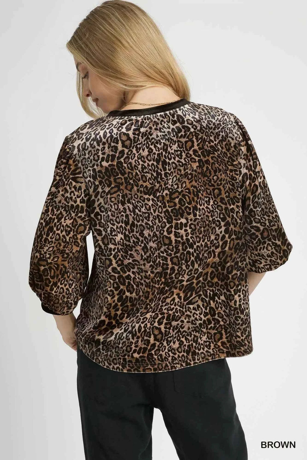 Umgee Leopard Round Neck Three-Quarter Sleeve Blouse bc31f1d5-d555-404e-b013-658fa87e1bb0-Max-Origin