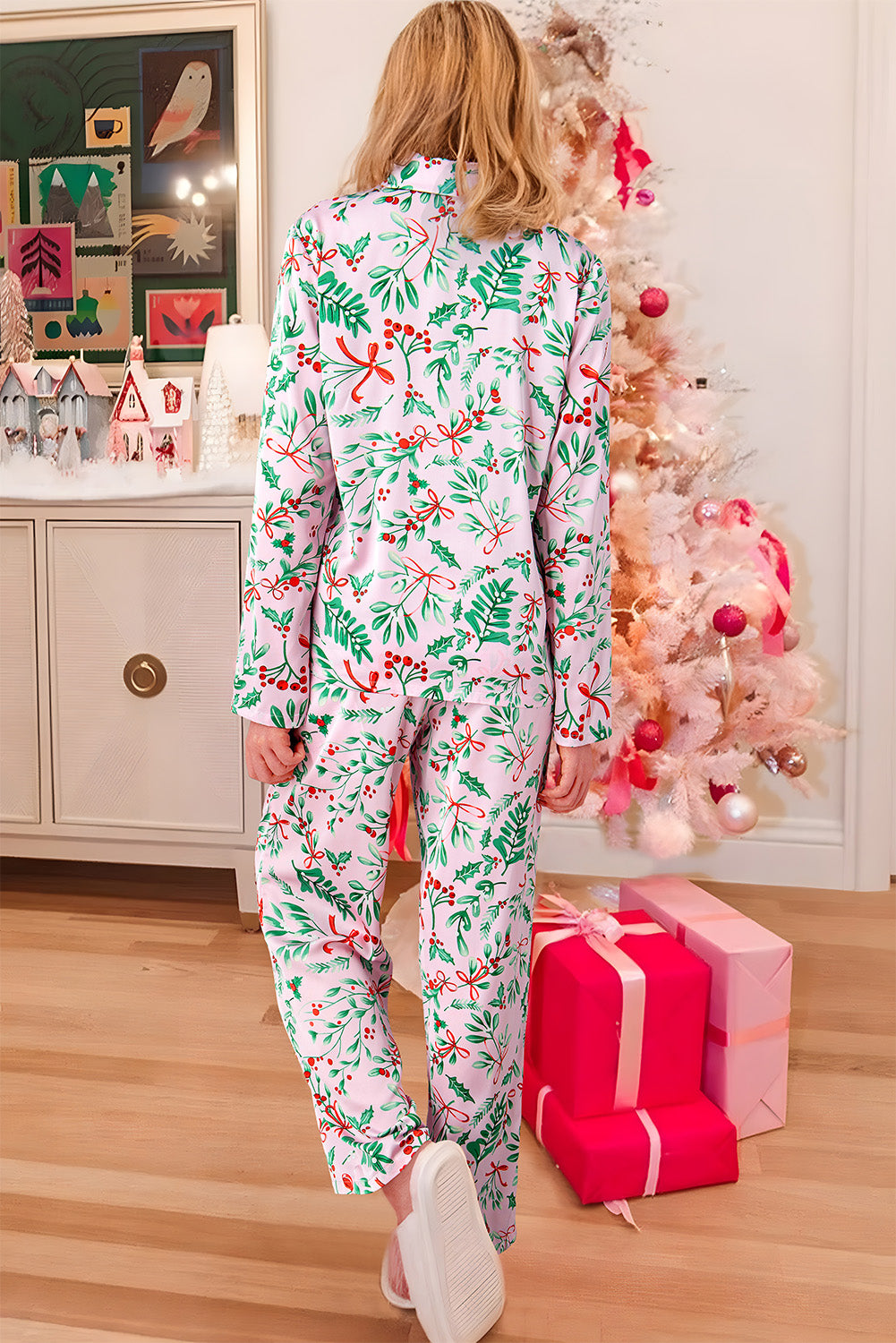 Pink Christmas Print Plush Edge Collar Shirt Pants Pajama Set bc3211a3d008c4e8