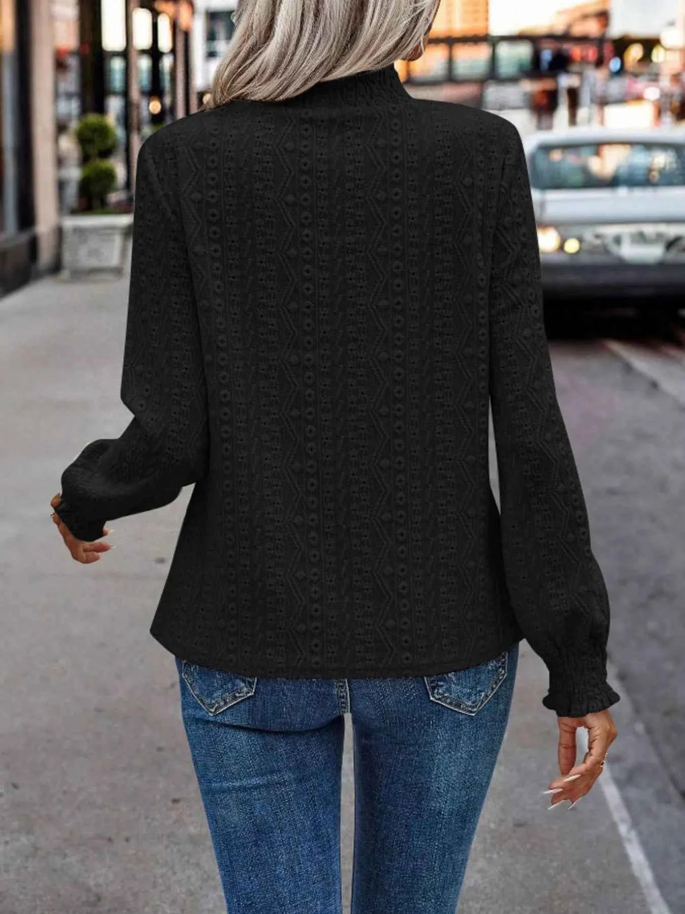 Texture Mock Neck Long Sleeve Blouse bc32ed3cebd34771a1fd302f0c6c4795-Max-Origin