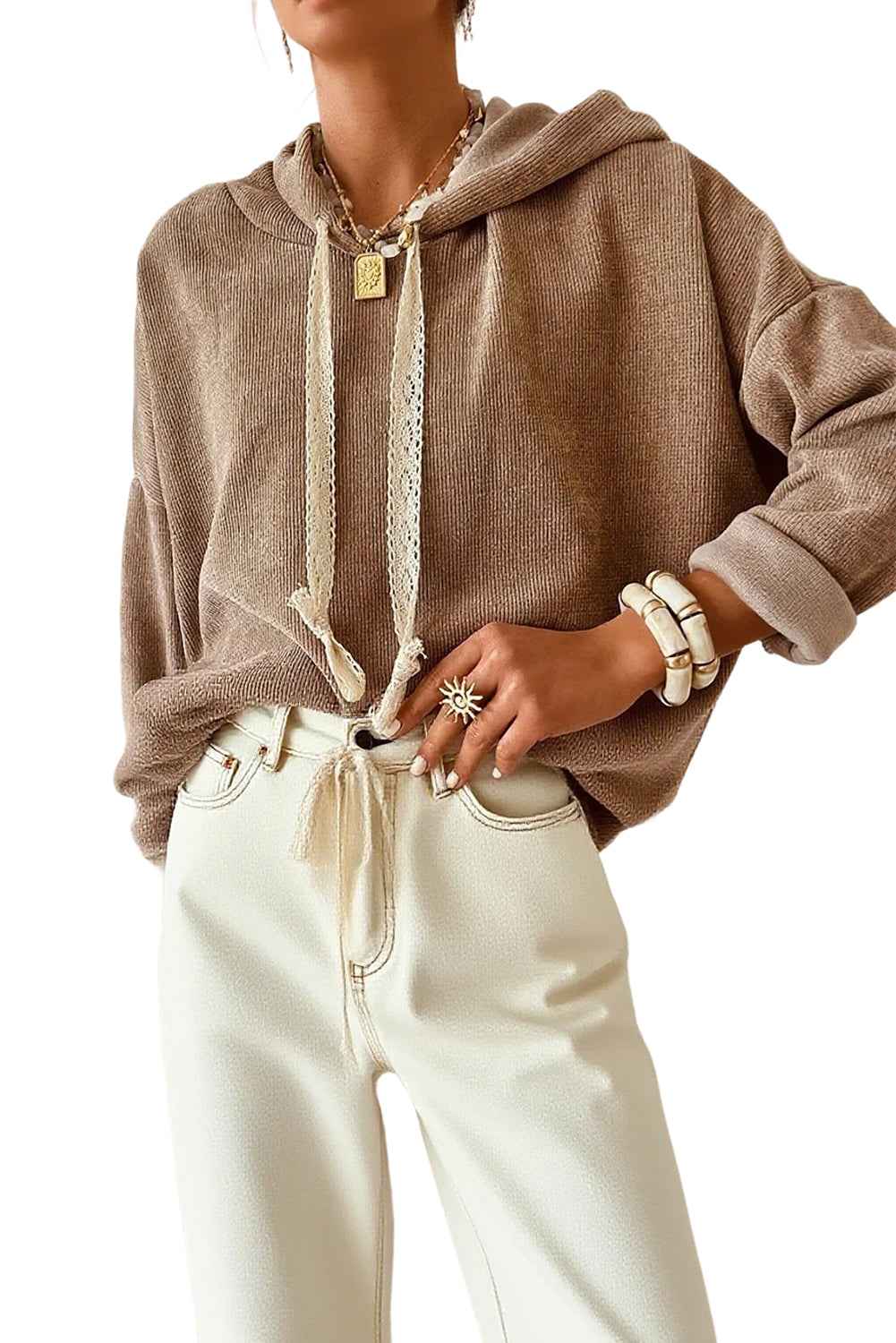 Parchment Thermal Textured Leopard Drawstring Baggy Hoodie bc35e30313894b41