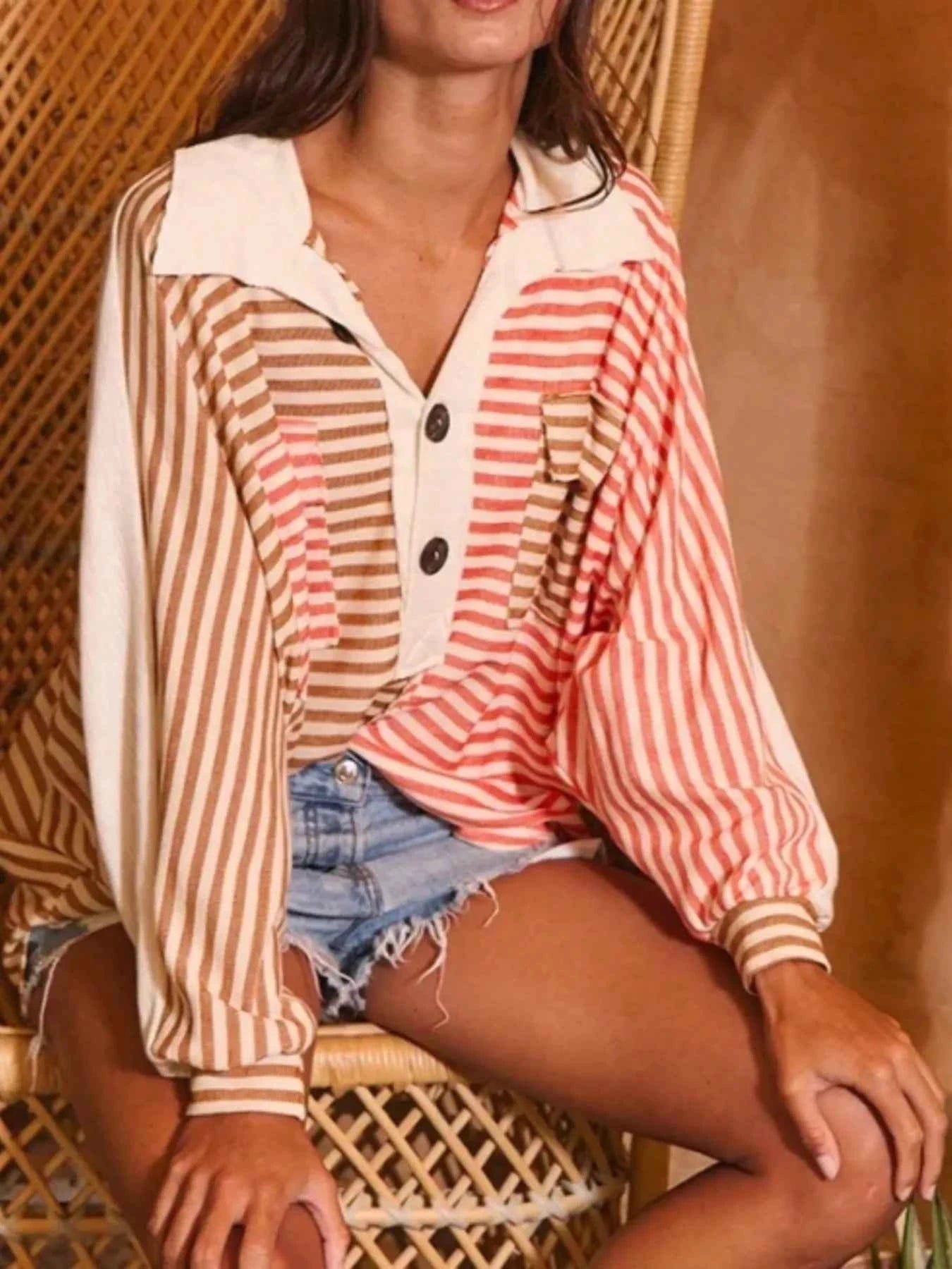 Striped Button Front Casual Top Orange And Red bc3629d8ff92488280535a0fe4da3978-Max-Origin