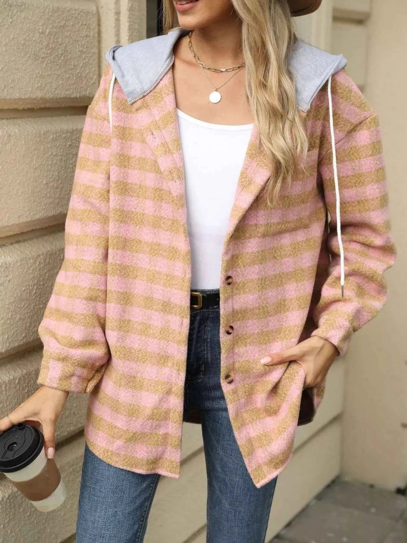 Plaid Button Up Long Sleeve Drawstring Hooded Jacket bc37239b261c41308f438d352d638a66-Max-Origin