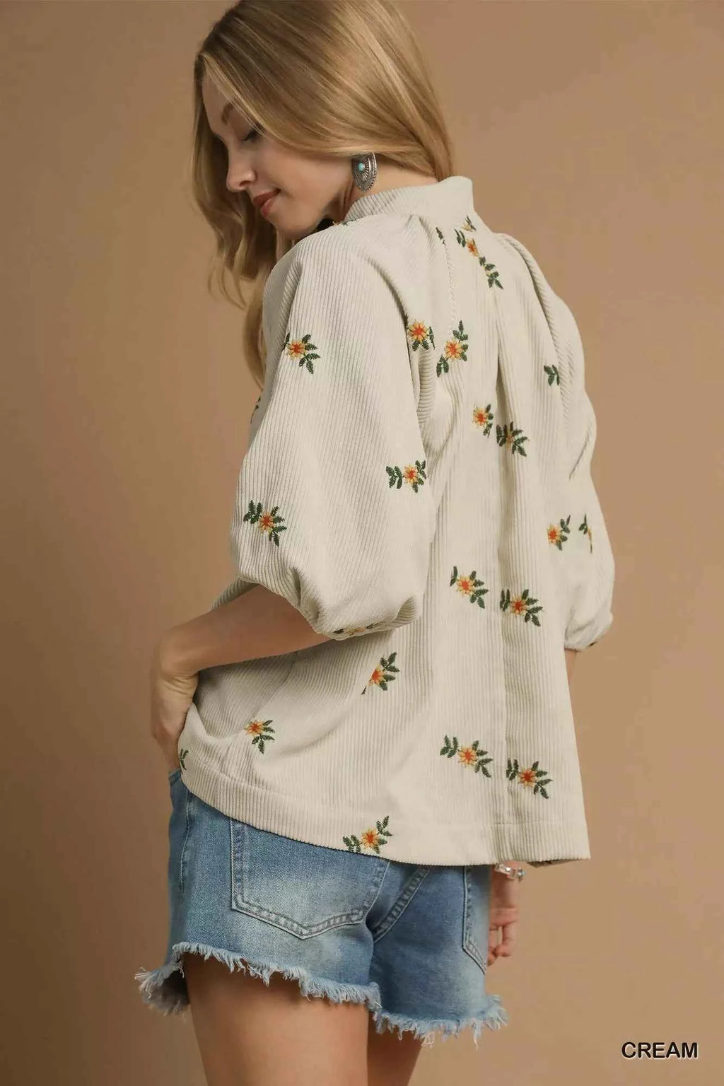 Umgee Corduroy Floral Embroidered Puff Sleeve Blouse bc380103-d59c-436a-809a-3c9714359ed0-Max-Origin