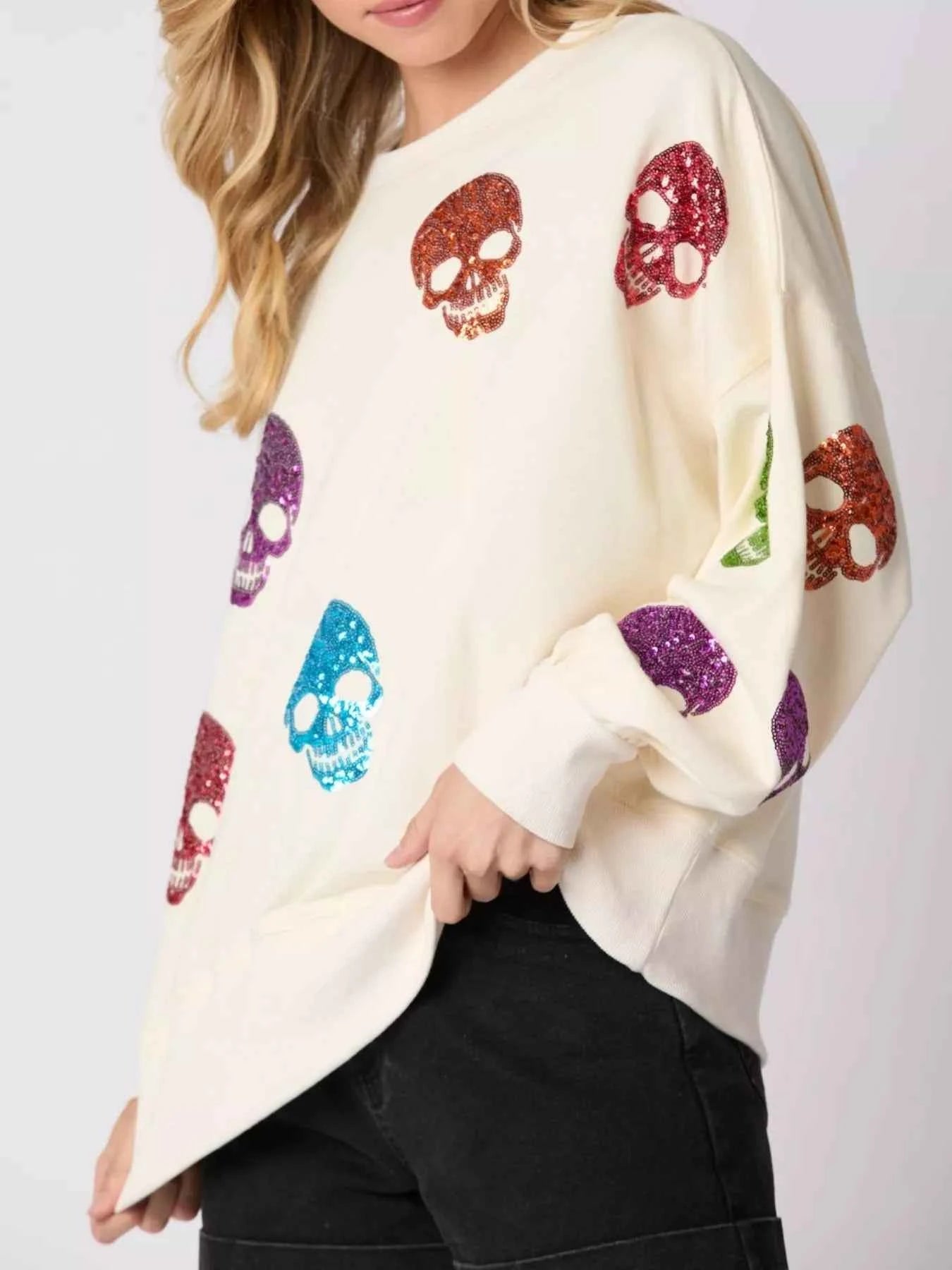 Halloween Colorful Skull Sequin Oversized Sweatshirt bc3b2901-173b-4841-baab-c330b85fd3fc-Max-Origin