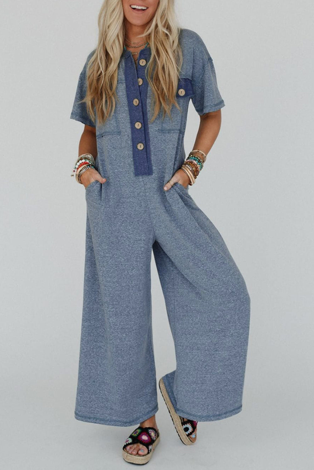 Beau Blue Patchwork Pocket Short Sleeve Jumpsuit Beau Blue 65%Cotton+33%Polyester+2%Elastane bc4143ac4acbbaa0