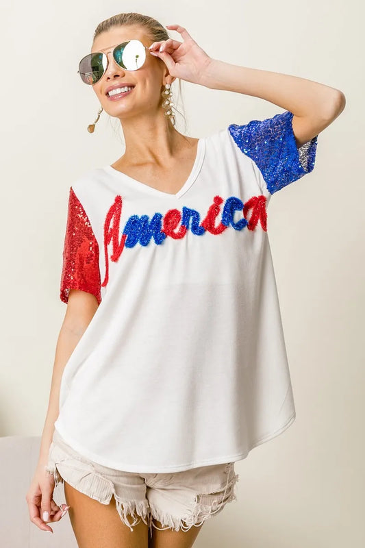Metallic Letter V-neck Sequin Sleeves Top bc44ad3734c94e4ebd856e3b7f97e587-Max-Origin