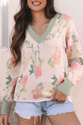 Pink Floral Striped Colorblock V Neck Loose Sweater Pink 52%Viscose+26%Polyester+22%Polyamide bc454aa73a1d5109