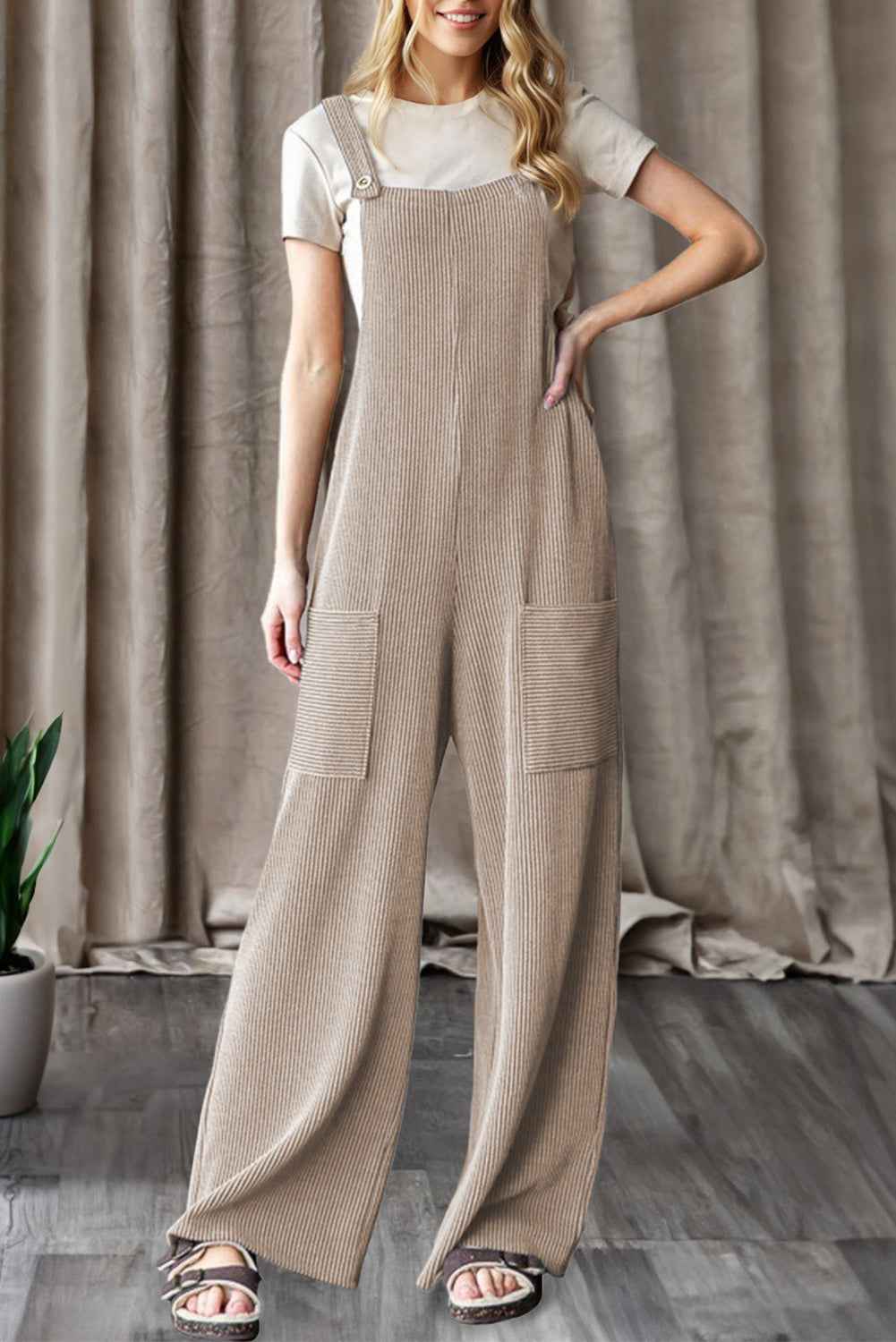 Parchment Ribbed Knit Patched Pocket Wide Leg Overalls Parchment 75%Polyester+20%Viscose+5%Elastane bc45cf63a537d150