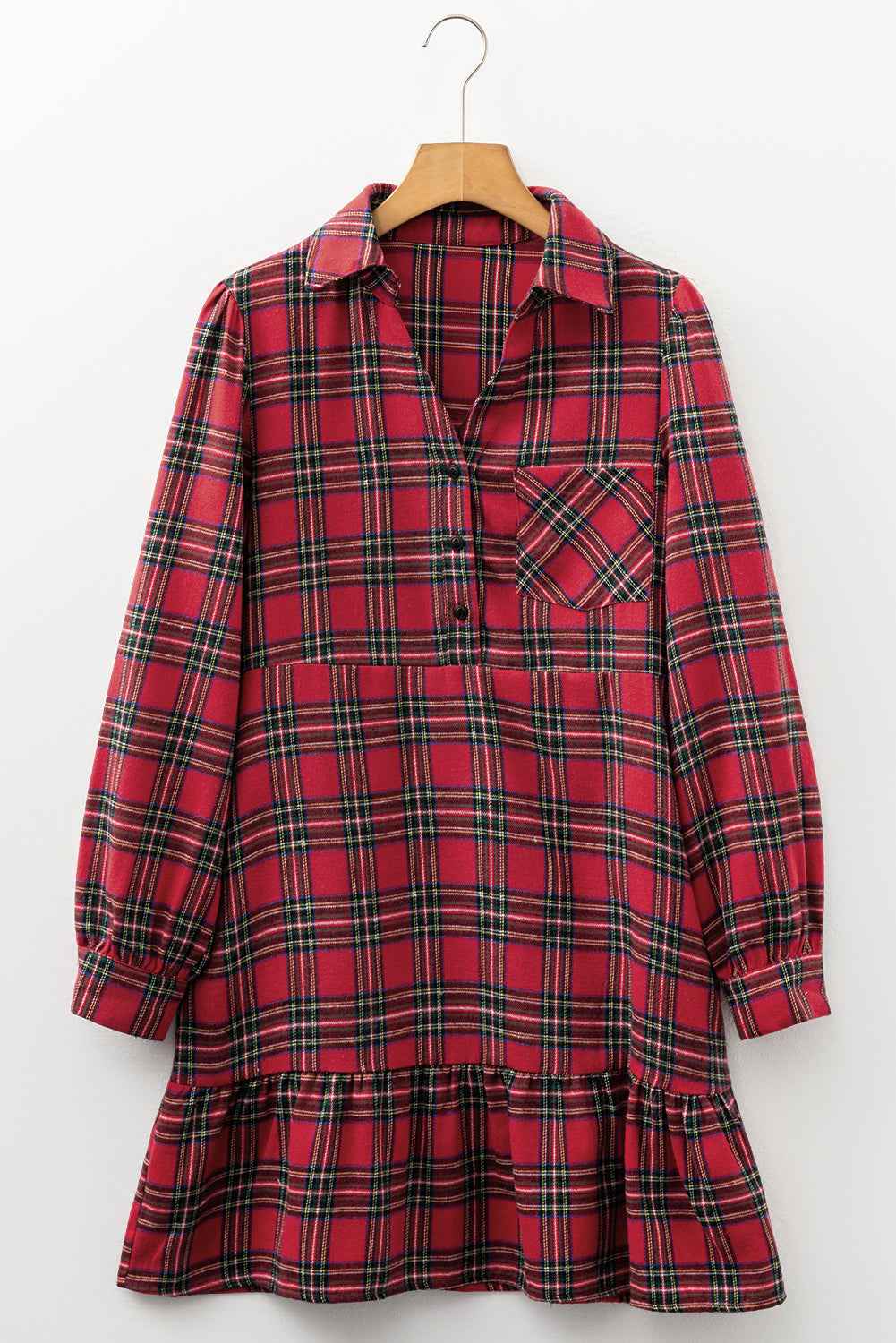 Red Plaid Shirt Collar Half Button Ruffle Hem Long Sleeve Mini Dress bc4ae0515dc3de51