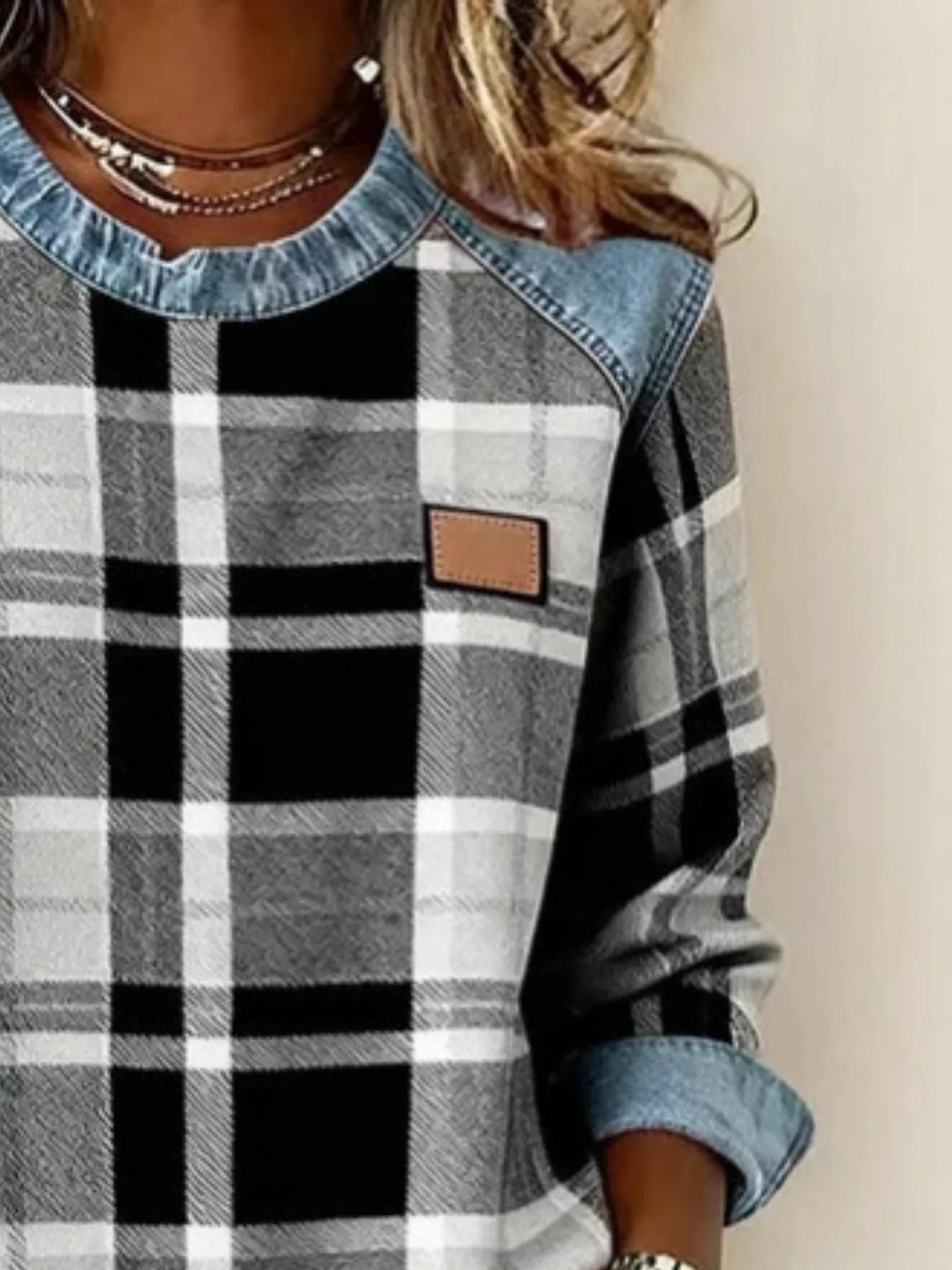 Full Size Plaid Denim Trim Long Sleeve Sweatshirt Plus Size bc4c75e5-3042-41d3-97bf-0e98b322a9e1-Max-Origin