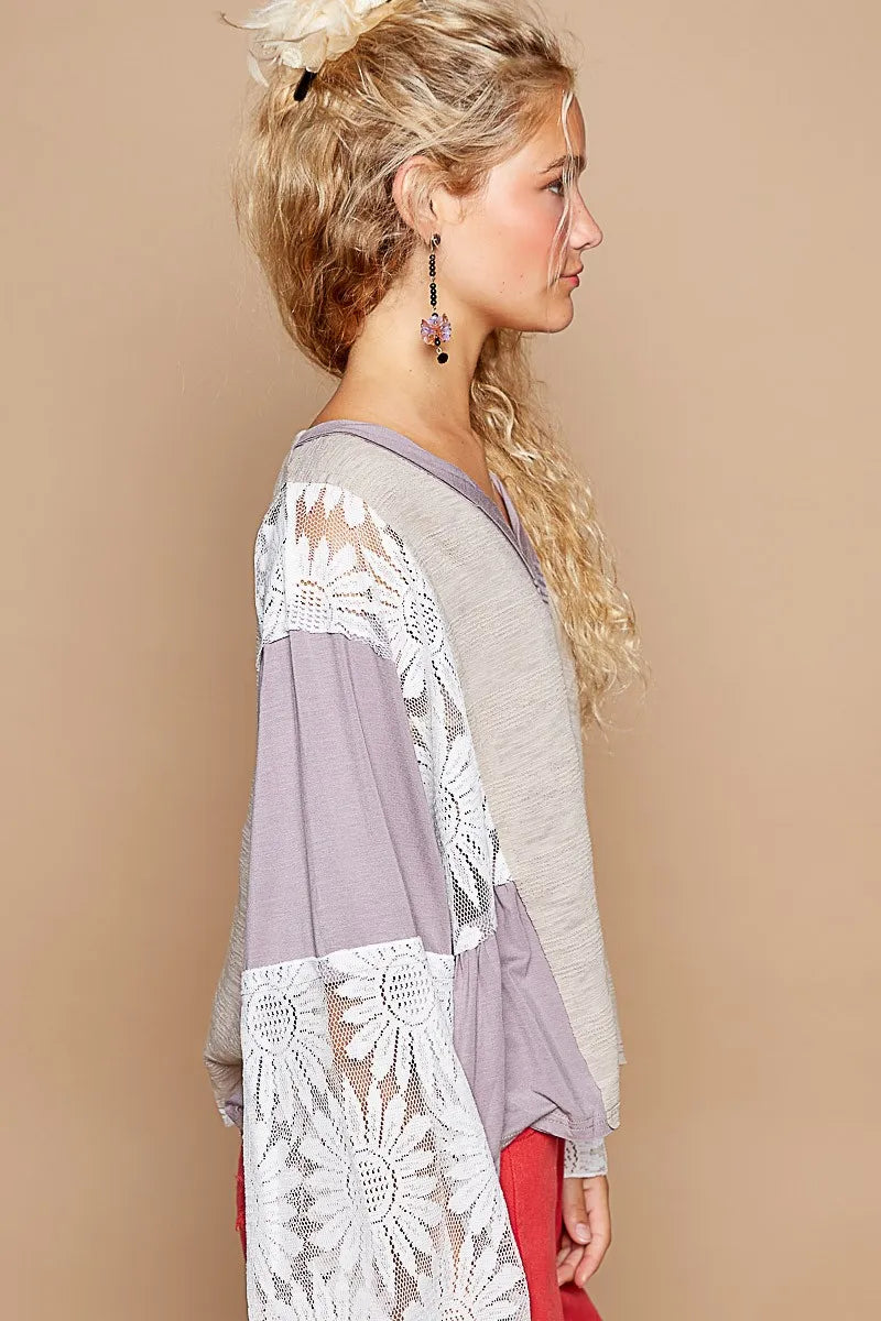 POL Lace Detail V-Neck Flare Sleeve Blouse bc4e1763-34a2-489a-a55c-32d70f5a2532-Max