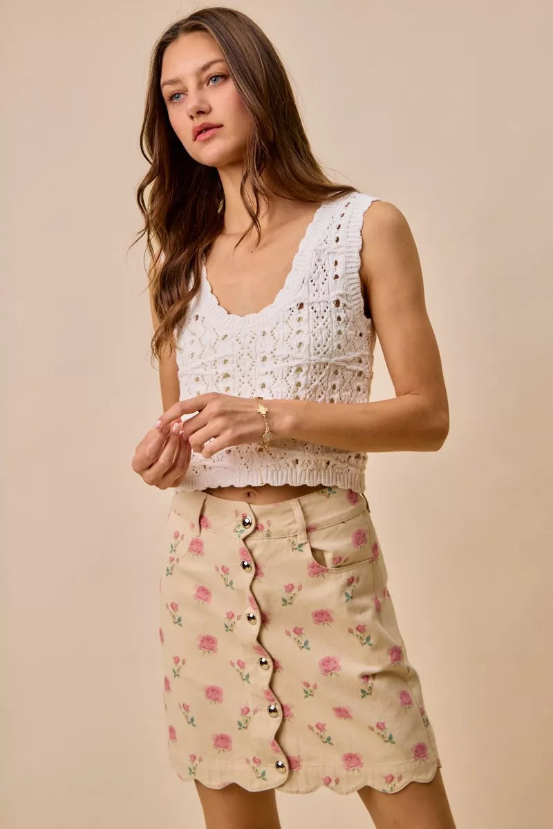 SO ME Floral Rose Print Cotton Twill Scallop Mini Skirt bc51d403005a4e40ac9c164695712041-Max-Origin