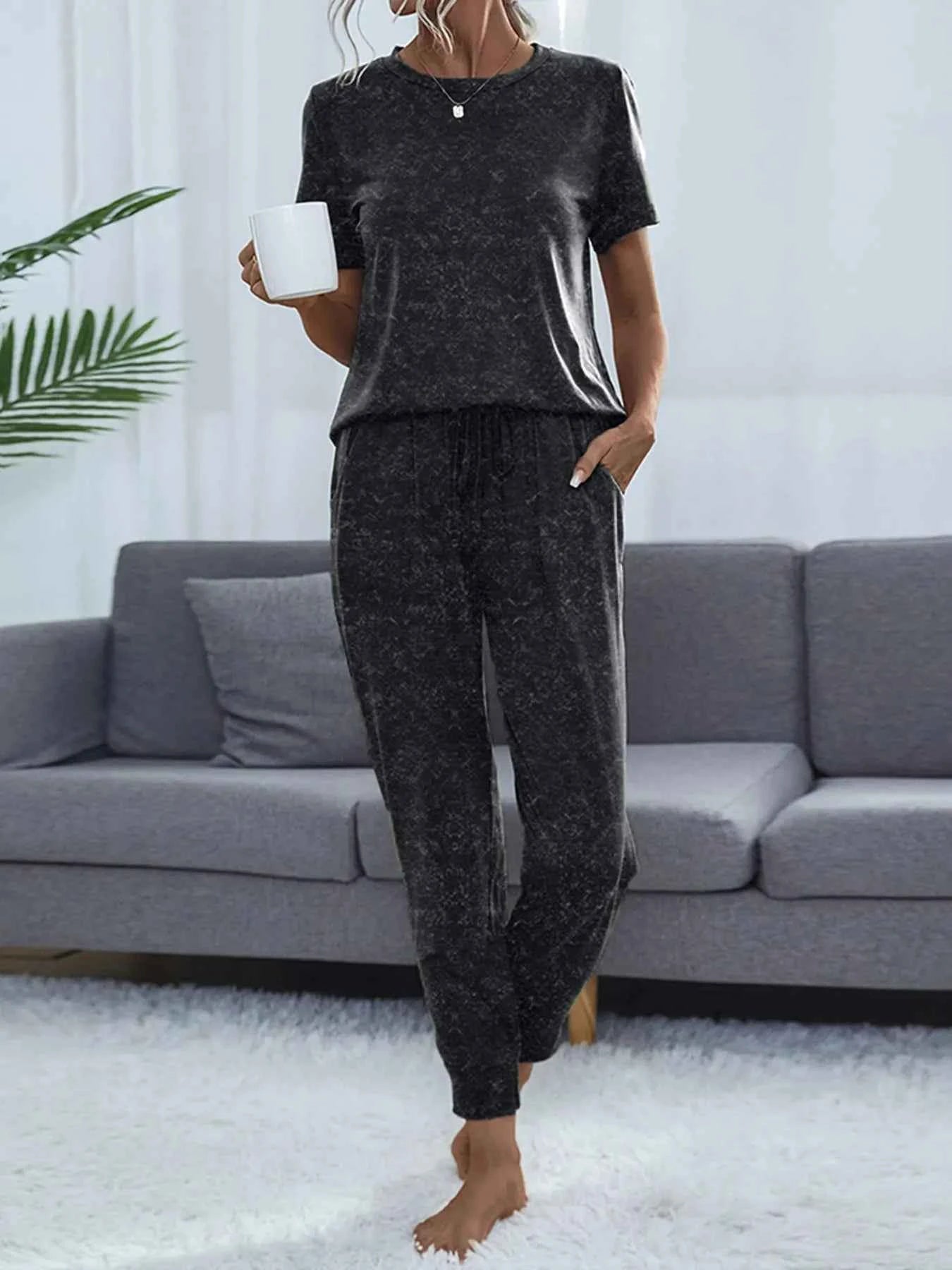 Round Neck Short Sleeve Top and Pants Lounge Set Black bc545880455a40ca926663e1e92cacb3-Max-Origin