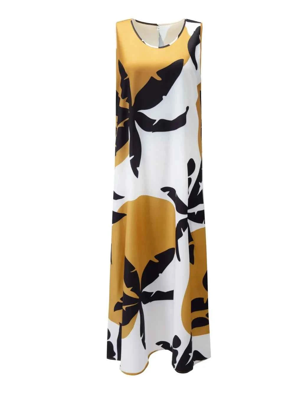 Printed Round Neck Mini Tank Dress Mustard bc565bc3-0274-42f5-a99f-e6697b3c8646-Max