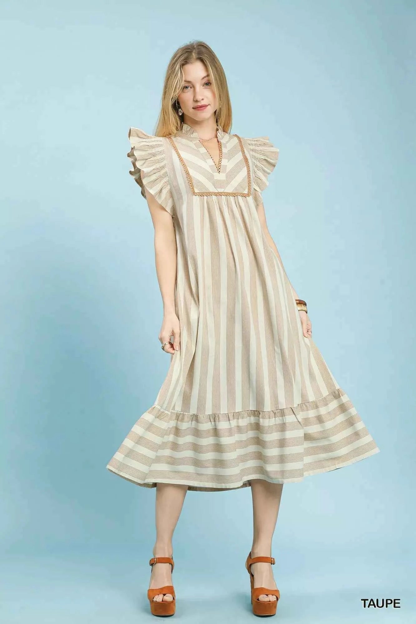 Umgee Stripe Ruffle Sleeve Tiered Midi Dress bc572978-06c5-4855-aa68-6bf129265080-Max-Origin