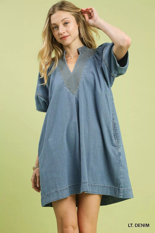 Denim Mini Dress with Contrast Thread LT. DENIM bc5927cf-ee28-4ecb-8af1-b7cd38d82586-Max-Origin