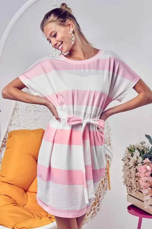 BiBi Tie Front Striped Short Sleeve Dress bc5a4d12-5719-49a7-9b31-86dbe3a1e6a5-Max-Origin