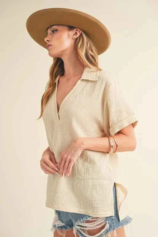Aemi + Co Side Slit Johnny Collar Short Sleeve Cotton Gauze Blouse bc5c42c3-a936-4c40-82b6-e988308608f7-Max