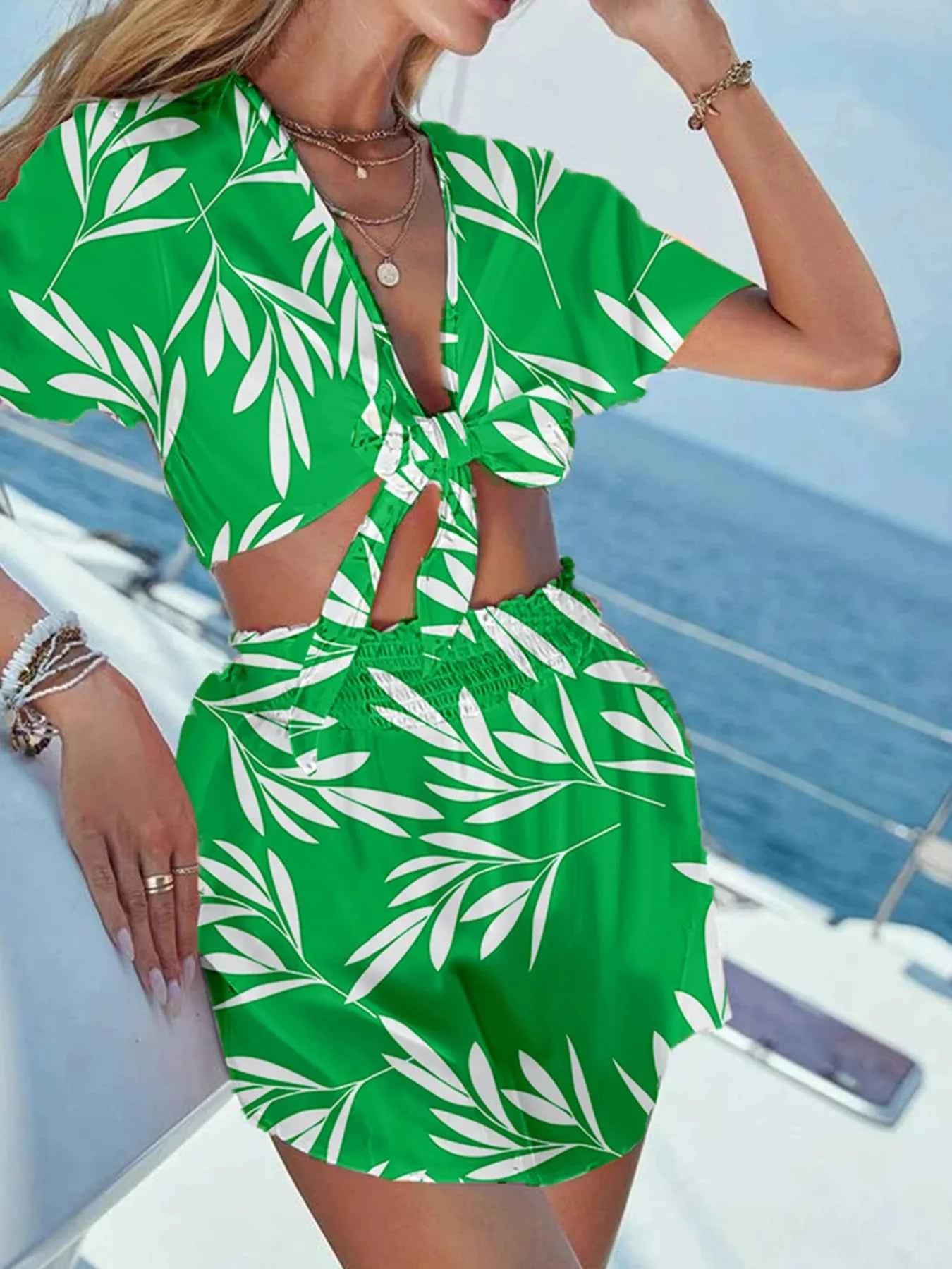 Printed Tie Front Top and Shorts Set bc5cc0f994db42f0804e60e34a46380d-Max-Origin